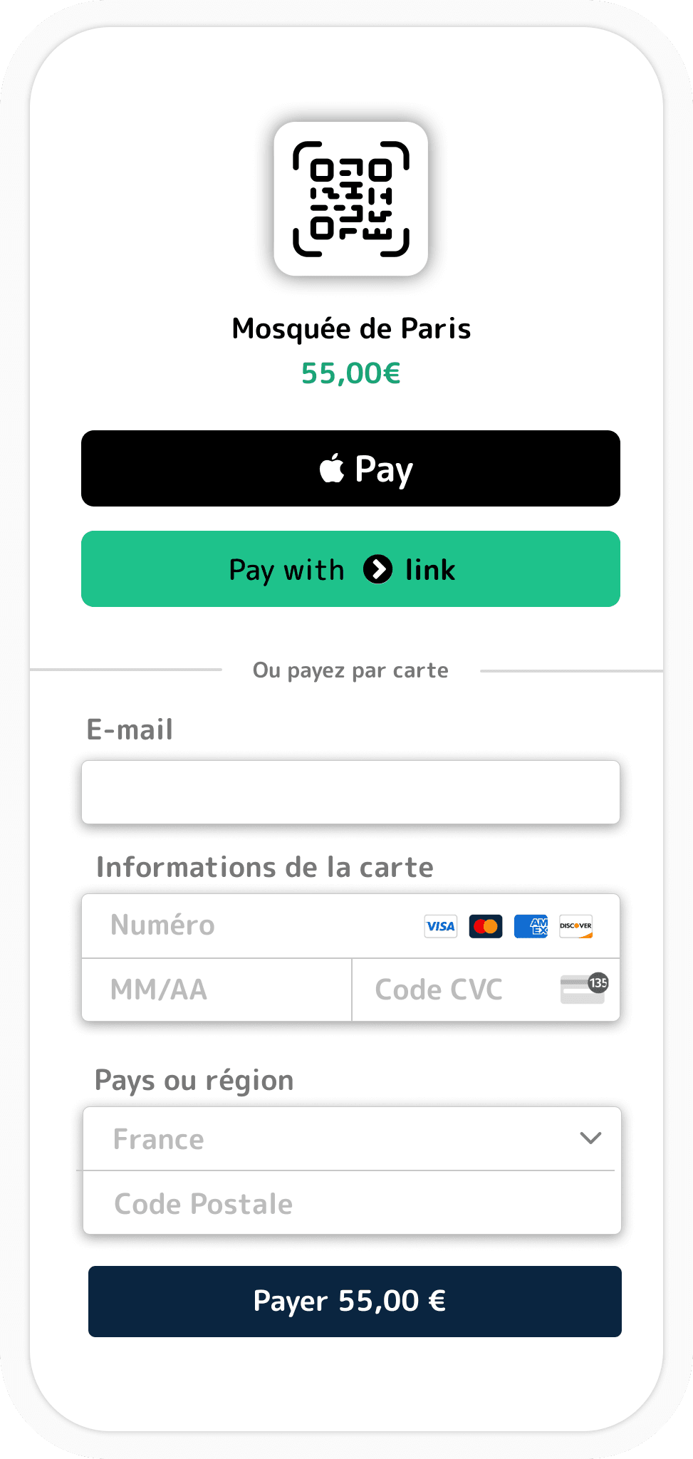 Smartphone affichant l'interface de don Donoor avec QR code pour mosquée