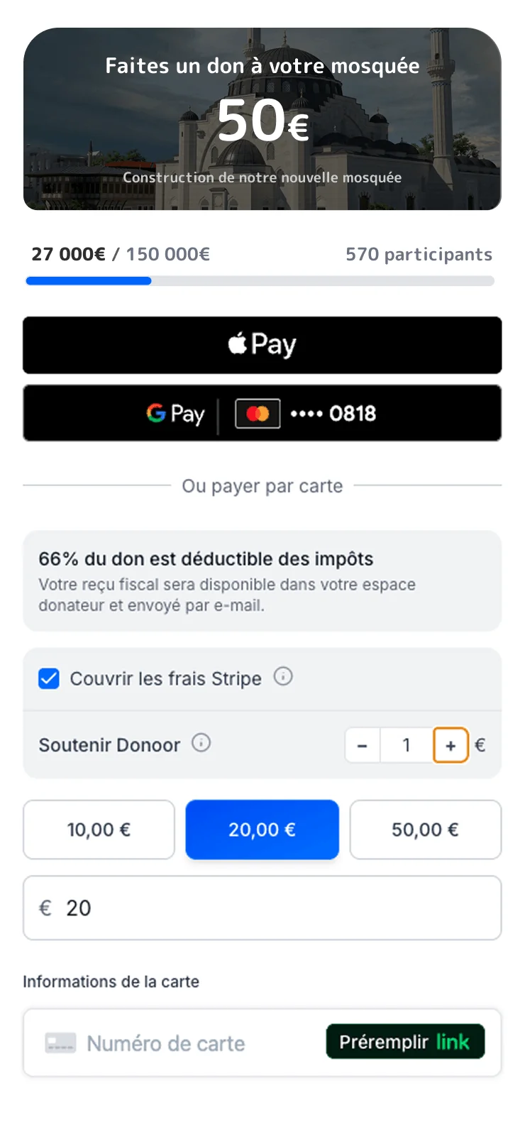 Écran de paiement Donoor pour don à une mosquée