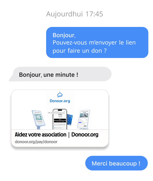 Conversation iMessage avec lien de paiement Donoor