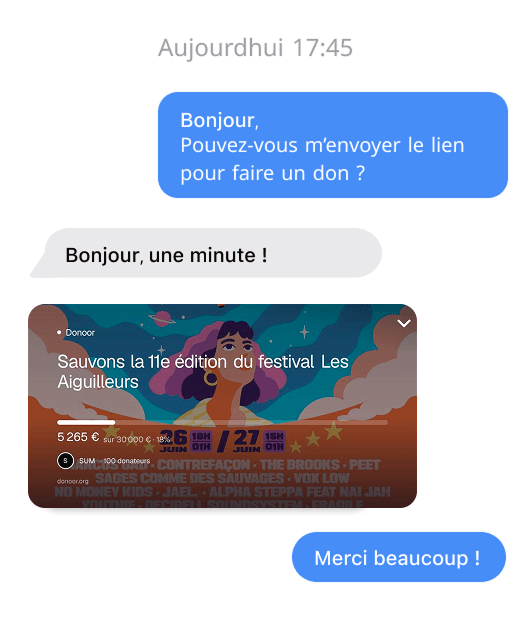 Conversation iMessage avec lien de paiement Donoor