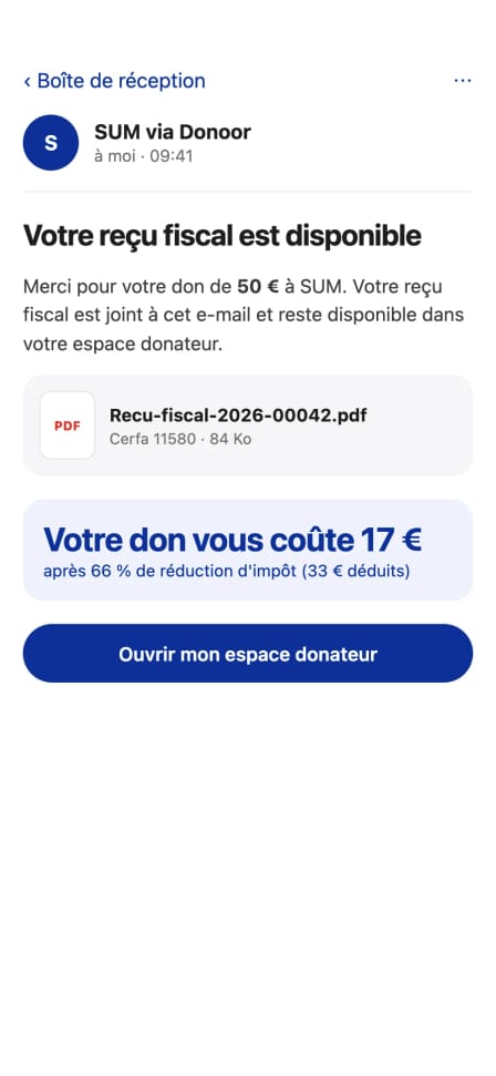 E-mail « Votre reçu fiscal est disponible » reçu par le donateur sur son téléphone, avec le reçu en PDF