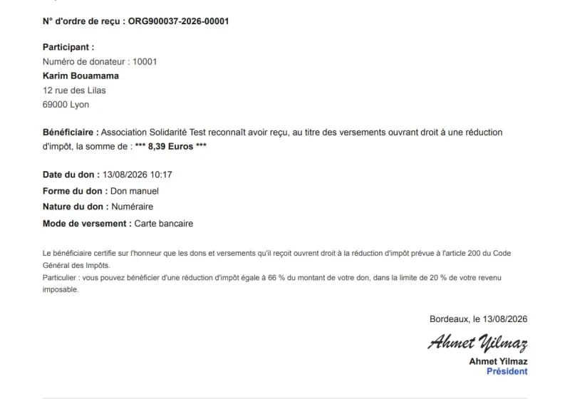 Reçu fiscal Donoor — modèle par don (Article 200 CGI)