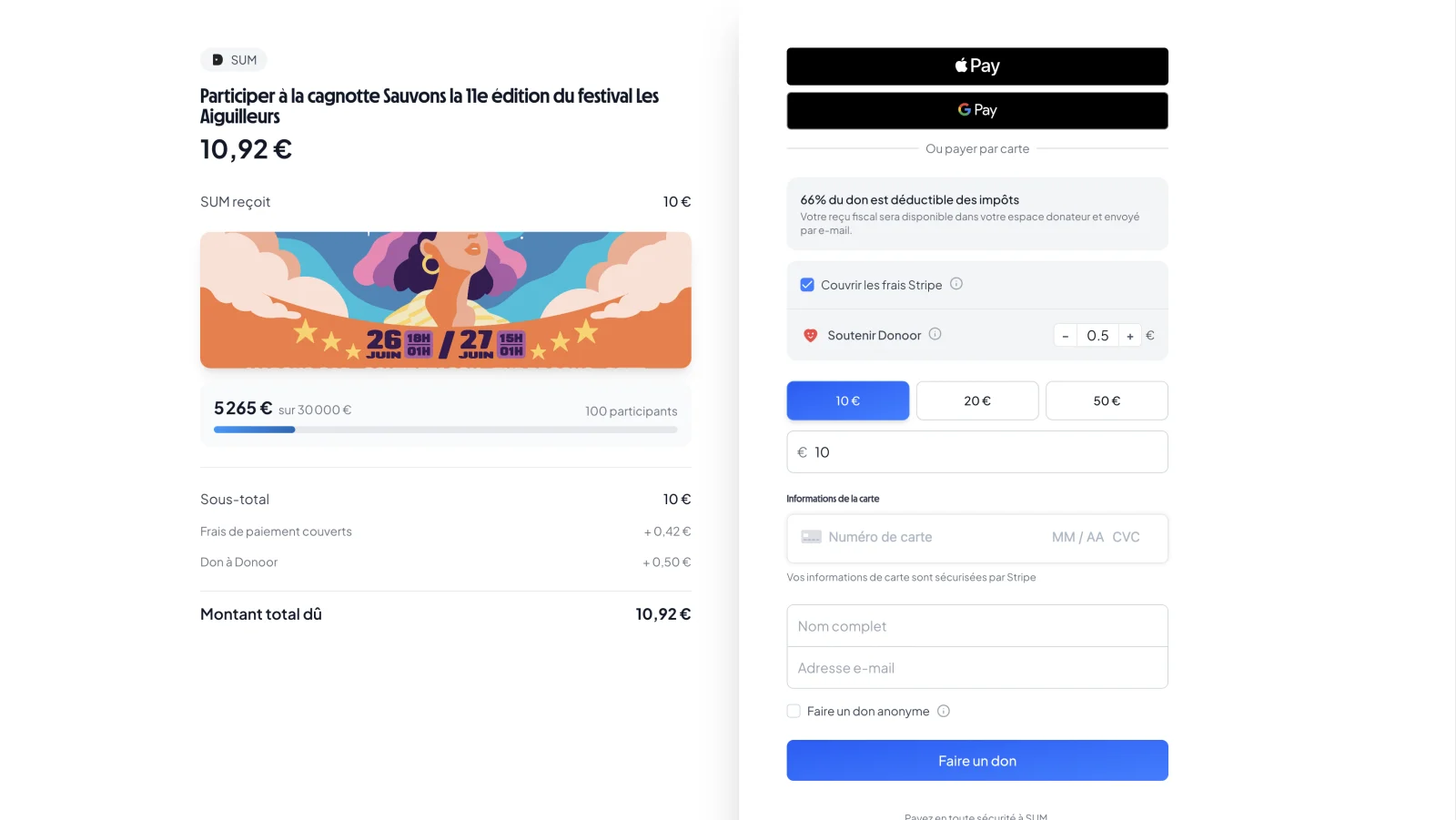 Page de don en ligne Donoor affichée sur ordinateur : Apple Pay, montants suggérés, reçu fiscal