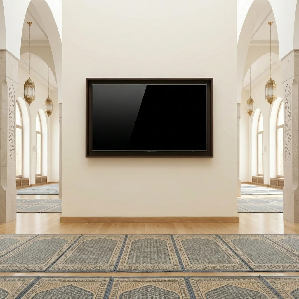 Salle de prière avec écran d'affichage pour QR code