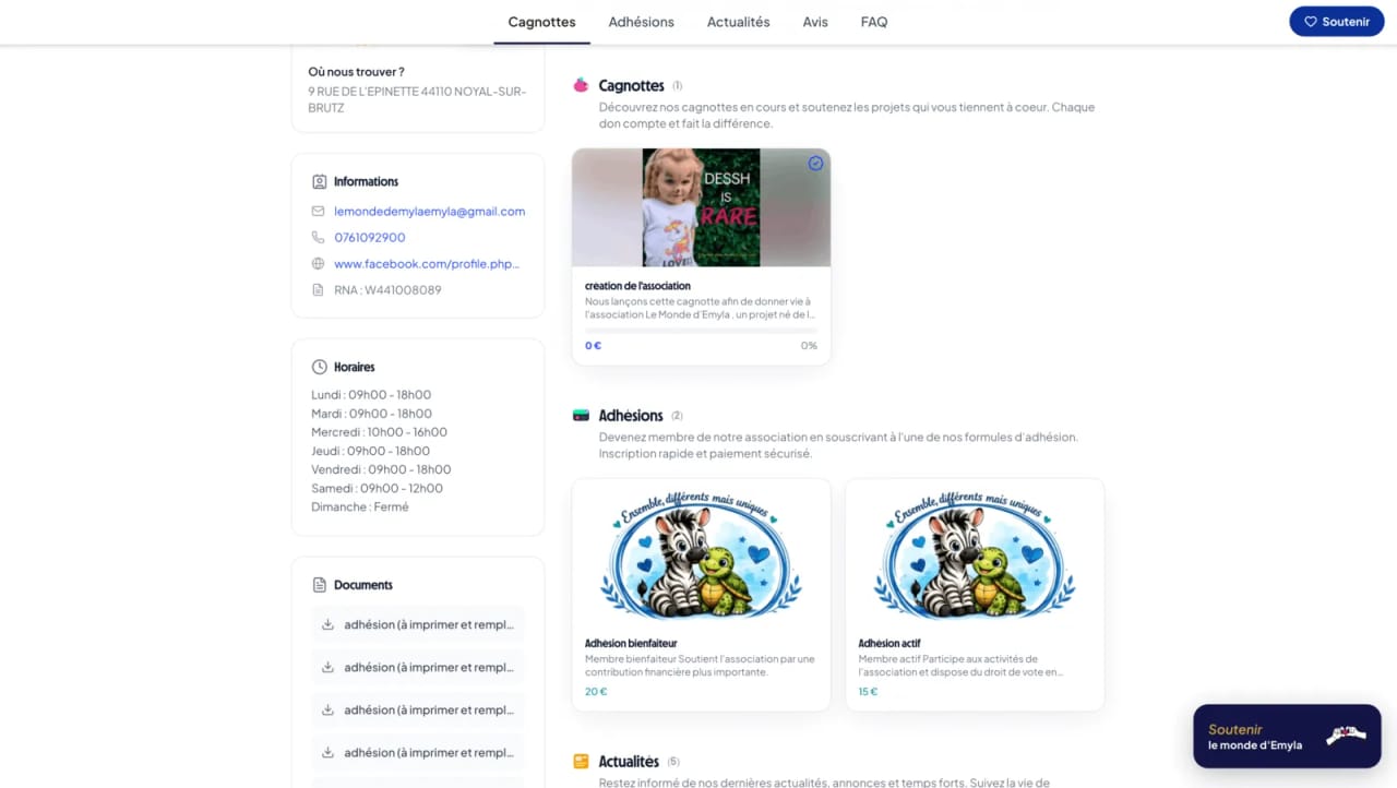 Détail d'une page internet association Donoor : onglets cagnottes, adhésions, actualités, avis, FAQ