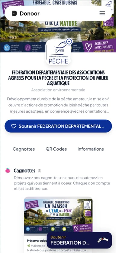 Page internet d'une association sur Donoor, version mobile