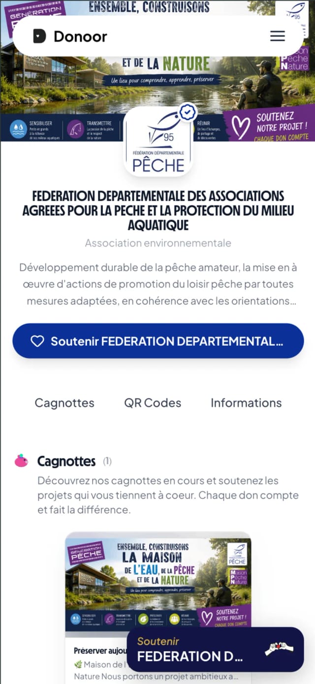Page internet d'une association sur Donoor, version mobile