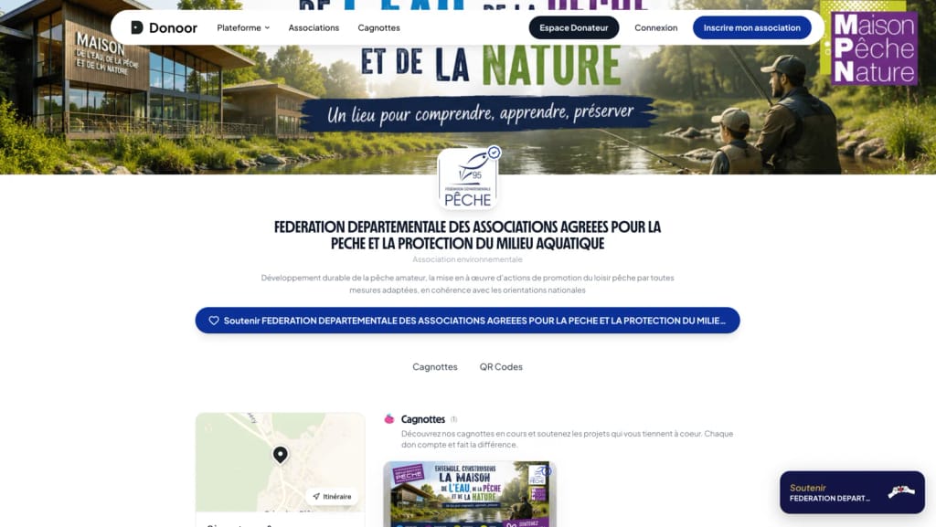 Page internet d'une association Donoor avec bouton de don intégré, paiement sécurisé Apple Pay, Google Pay et carte