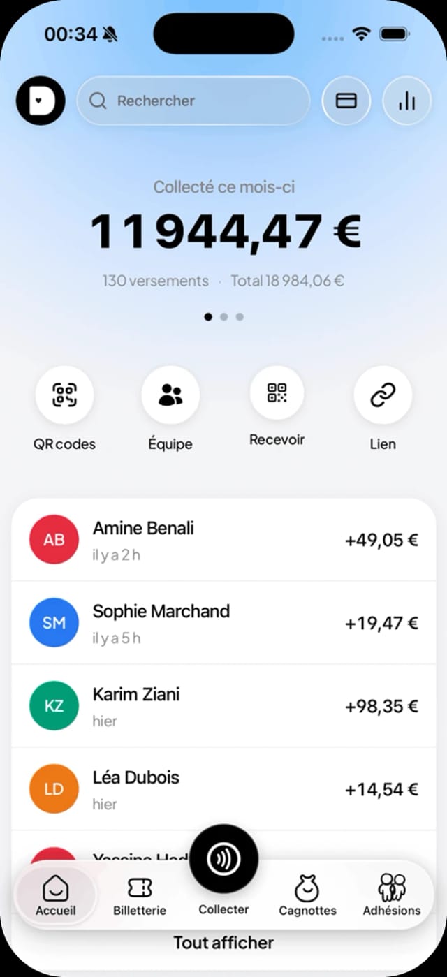 Écran d'accueil de l'application Donoor : montant collecté ce mois-ci et derniers dons reçus