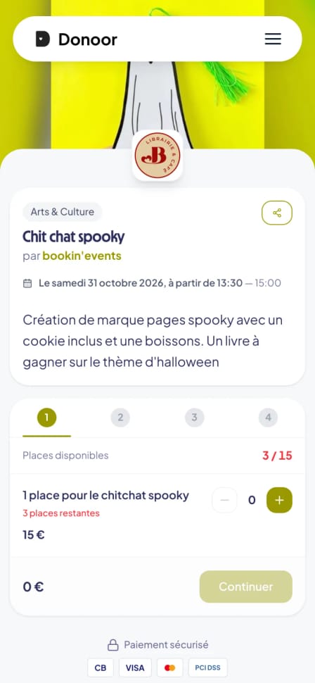 Page publique d'un événement sur Donoor, avec la vente de billets