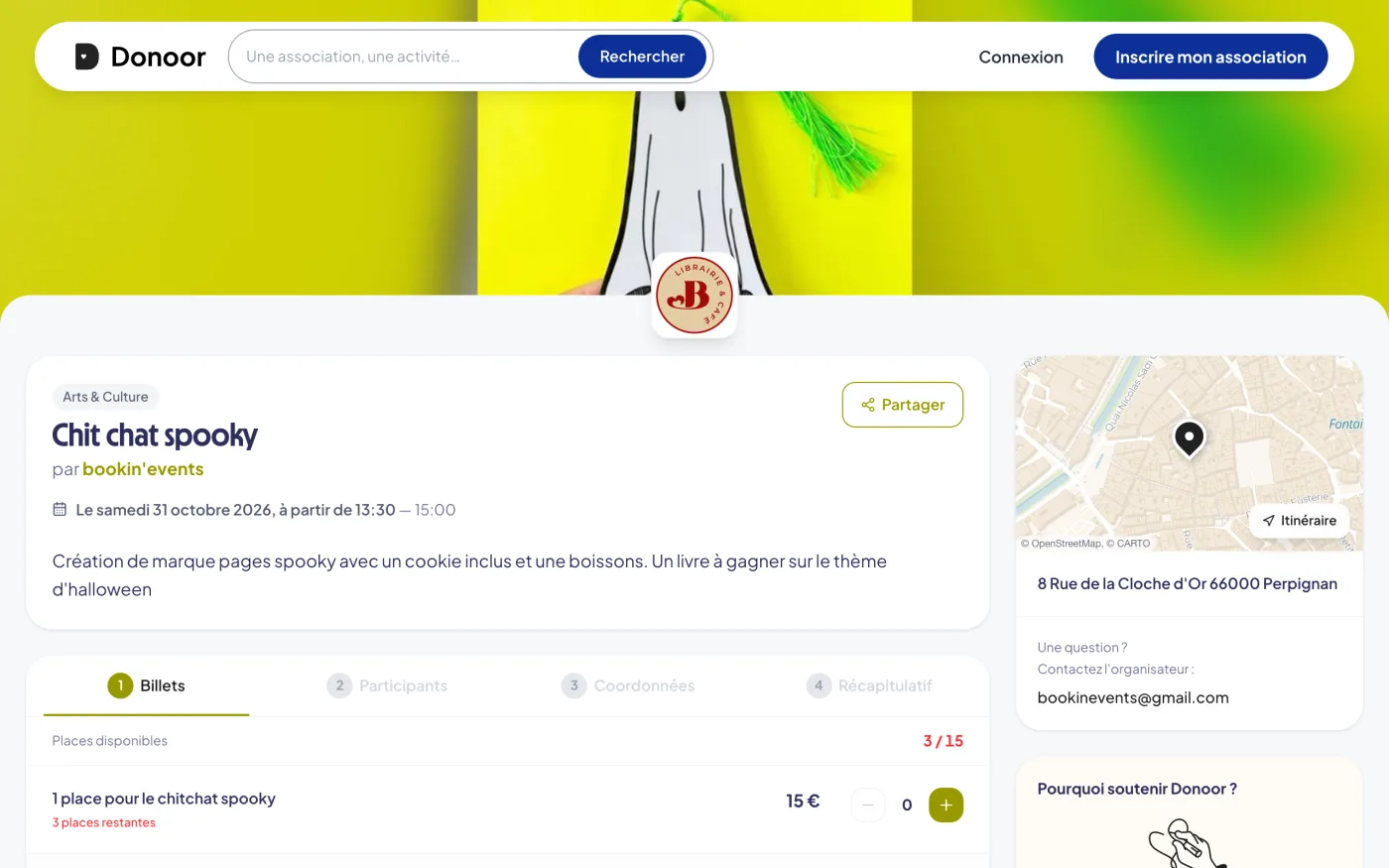 Page publique d'un événement sur Donoor, avec la vente de billets