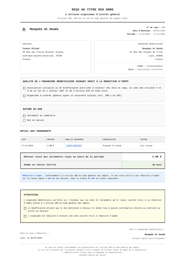 Reçu fiscal Donoor conforme Article 200 CGI