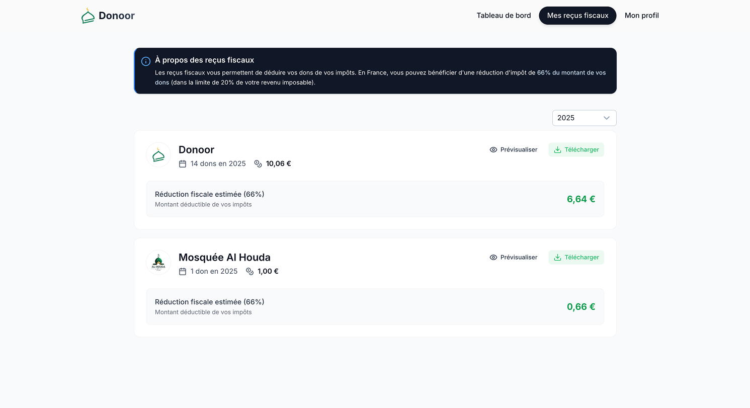 Espace donateur Donoor - Reçus fiscaux
